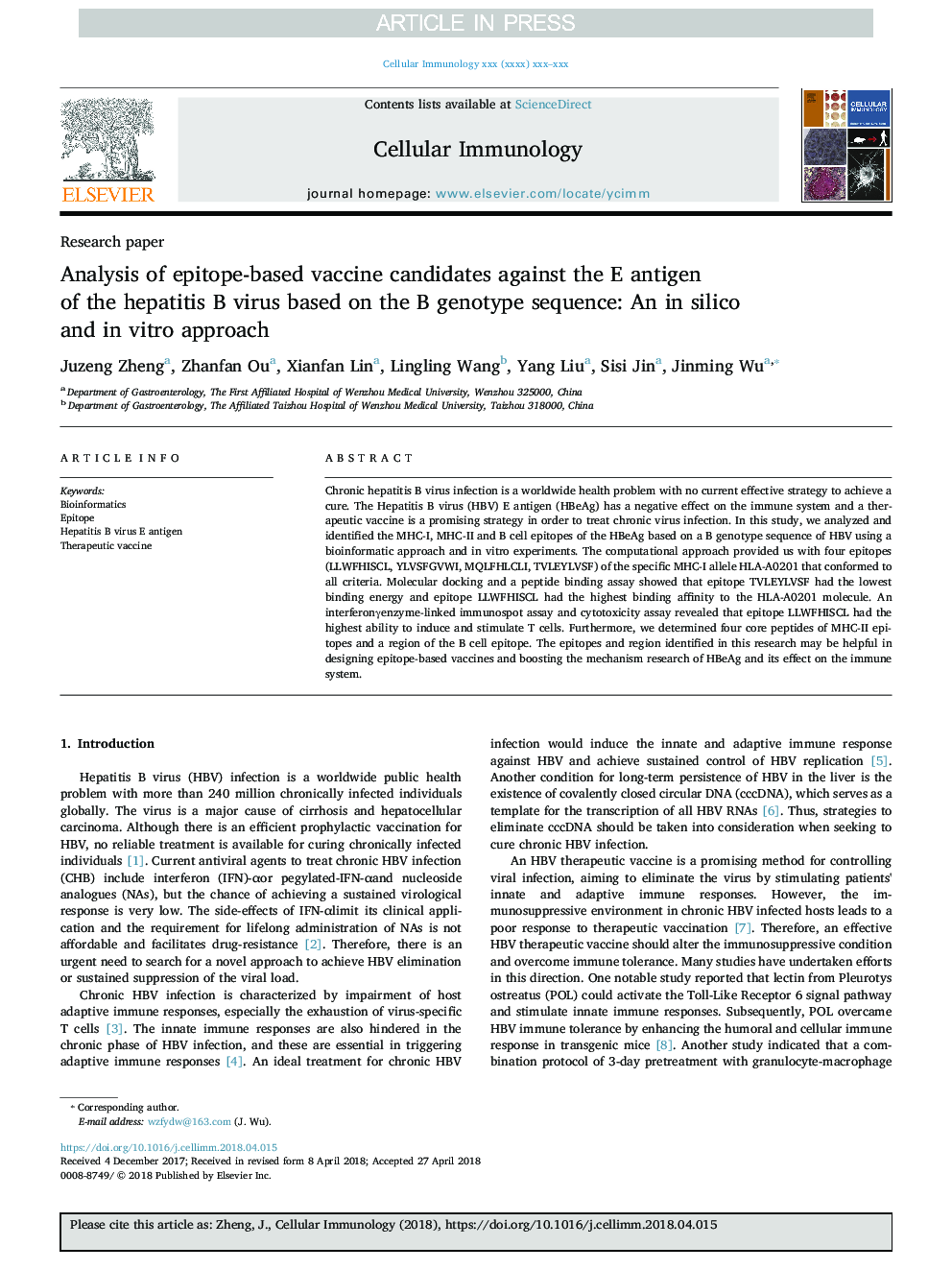 Analysis of epitope-based vaccine candidates against the E antigen of the hepatitis B virus based on the B genotype sequence: An in silico and in vitro approach