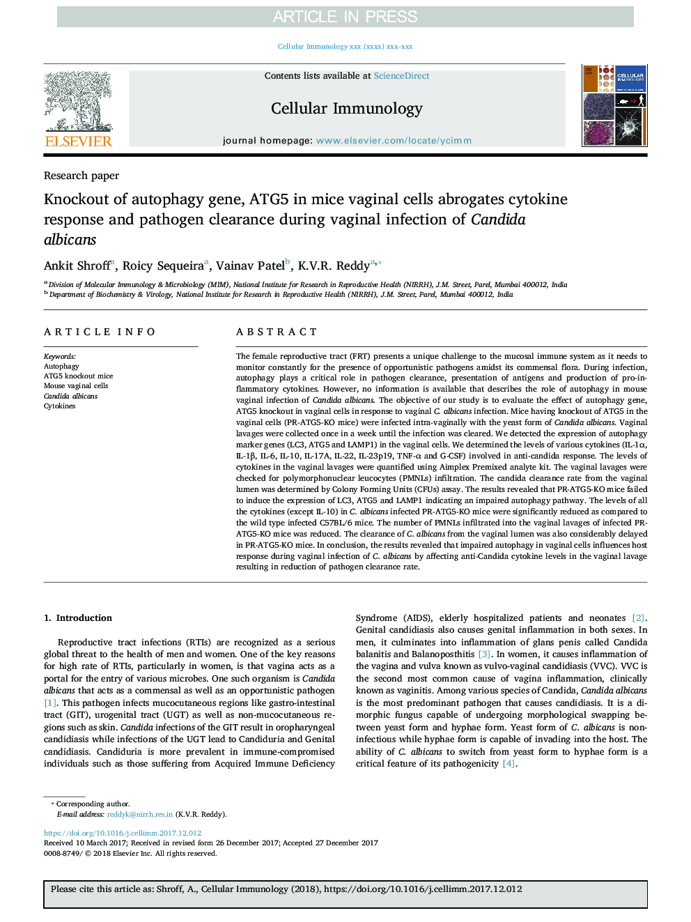 Knockout of autophagy gene, ATG5 in mice vaginal cells abrogates cytokine response and pathogen clearance during vaginal infection of Candida albicans