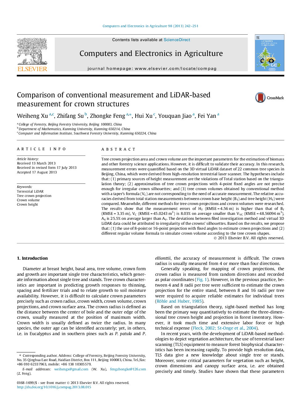 Comparison of conventional measurement and LiDAR-based measurement for crown structures