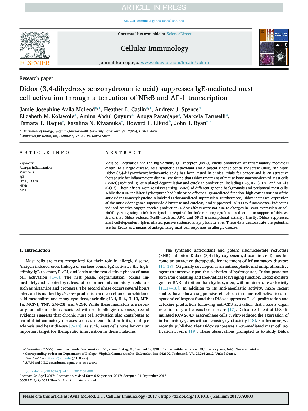 Didox (3,4-dihydroxybenzohydroxamic acid) suppresses IgE-mediated mast cell activation through attenuation of NFÎºB and AP-1 transcription