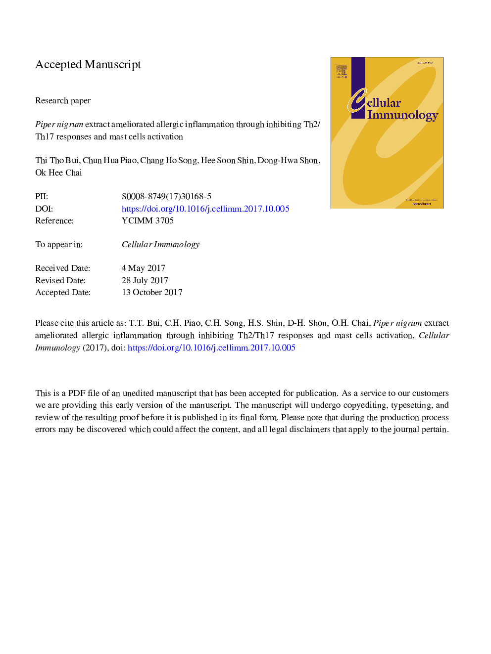 Piper nigrum extract ameliorated allergic inflammation through inhibiting Th2/Th17 responses and mast cells activation