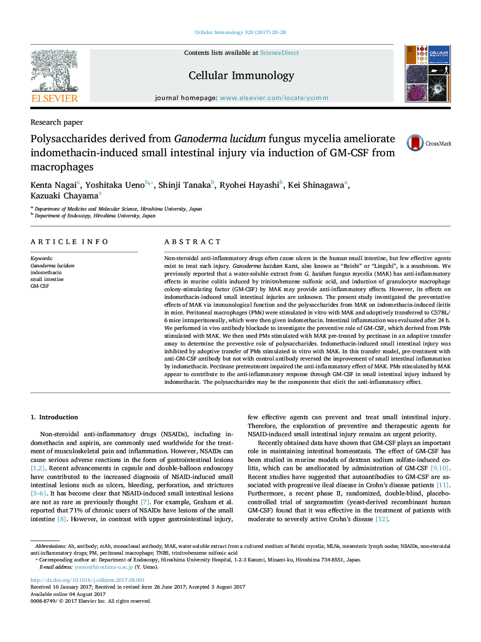 Polysaccharides derived from Ganoderma lucidum fungus mycelia ameliorate indomethacin-induced small intestinal injury via induction of GM-CSF from macrophages