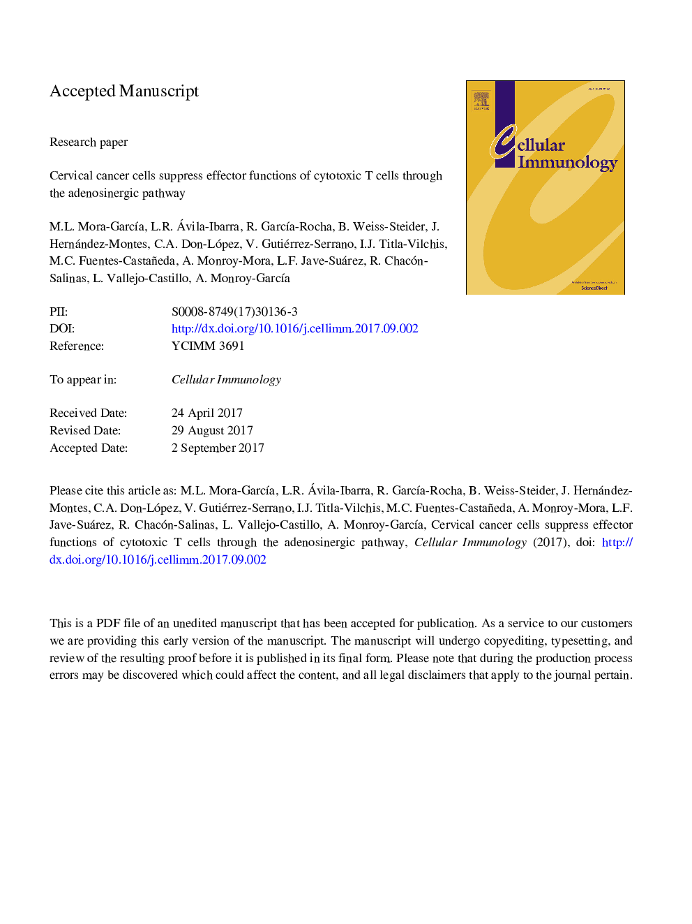 عکس صفحه اول مقاله: Cervical cancer cells suppress effector functions of cytotoxic T cells through the adenosinergic pathway Cervical cancer cells suppress effector functions of cytotoxic T cells through the adenosinergic pathway