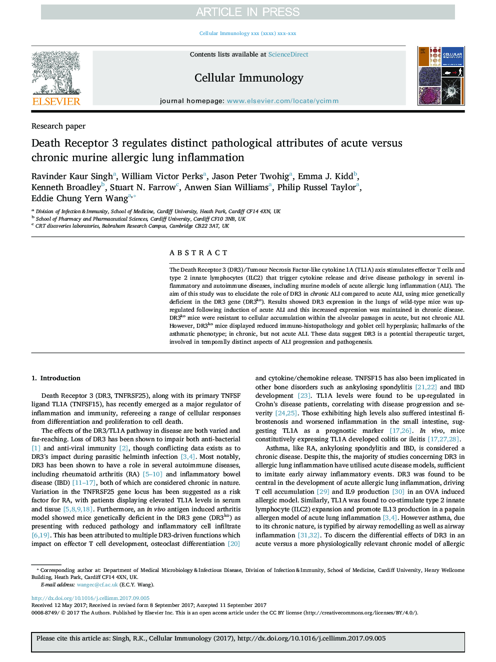 Death Receptor 3 regulates distinct pathological attributes of acute versus chronic murine allergic lung inflammation