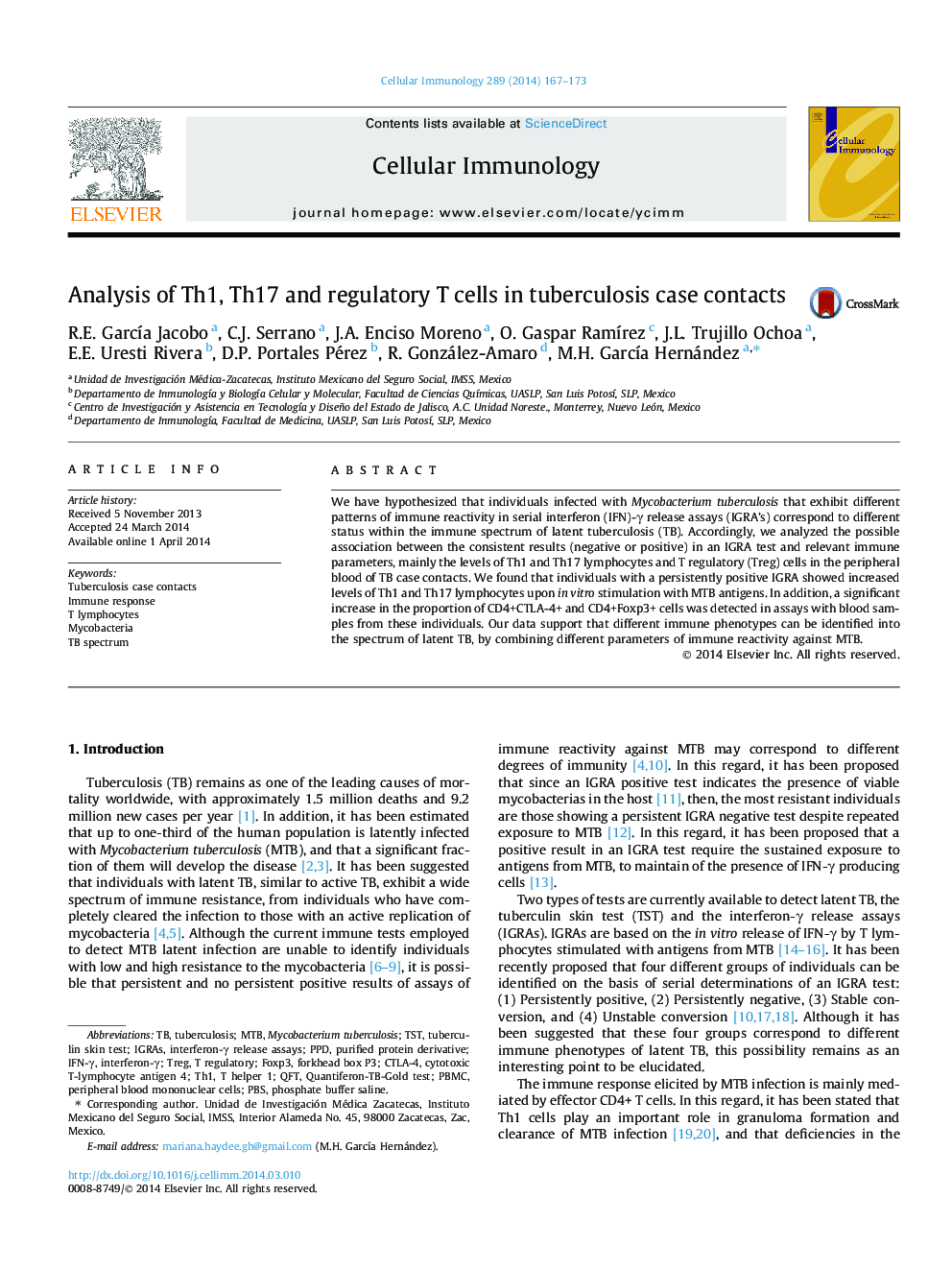 Analysis of Th1, Th17 and regulatory T cells in tuberculosis case contacts