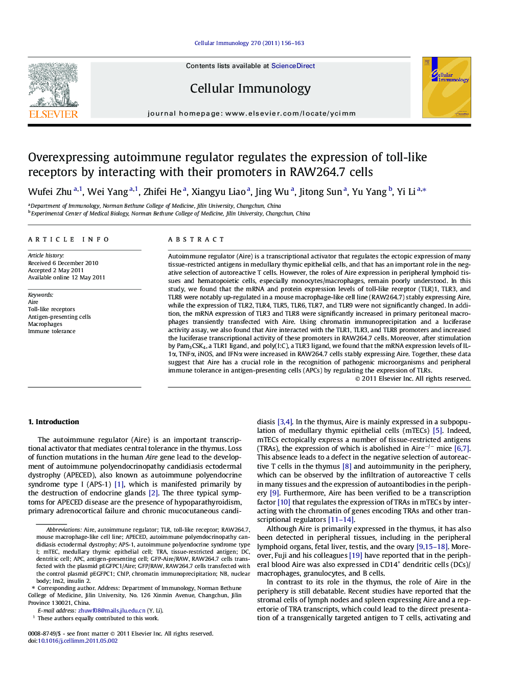 Overexpressing autoimmune regulator regulates the expression of toll-like receptors by interacting with their promoters in RAW264.7 cells