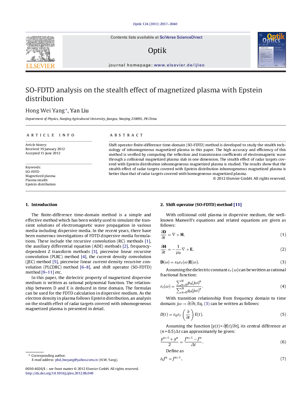 SO-FDTD analysis on the stealth effect of magnetized plasma with Epstein distribution