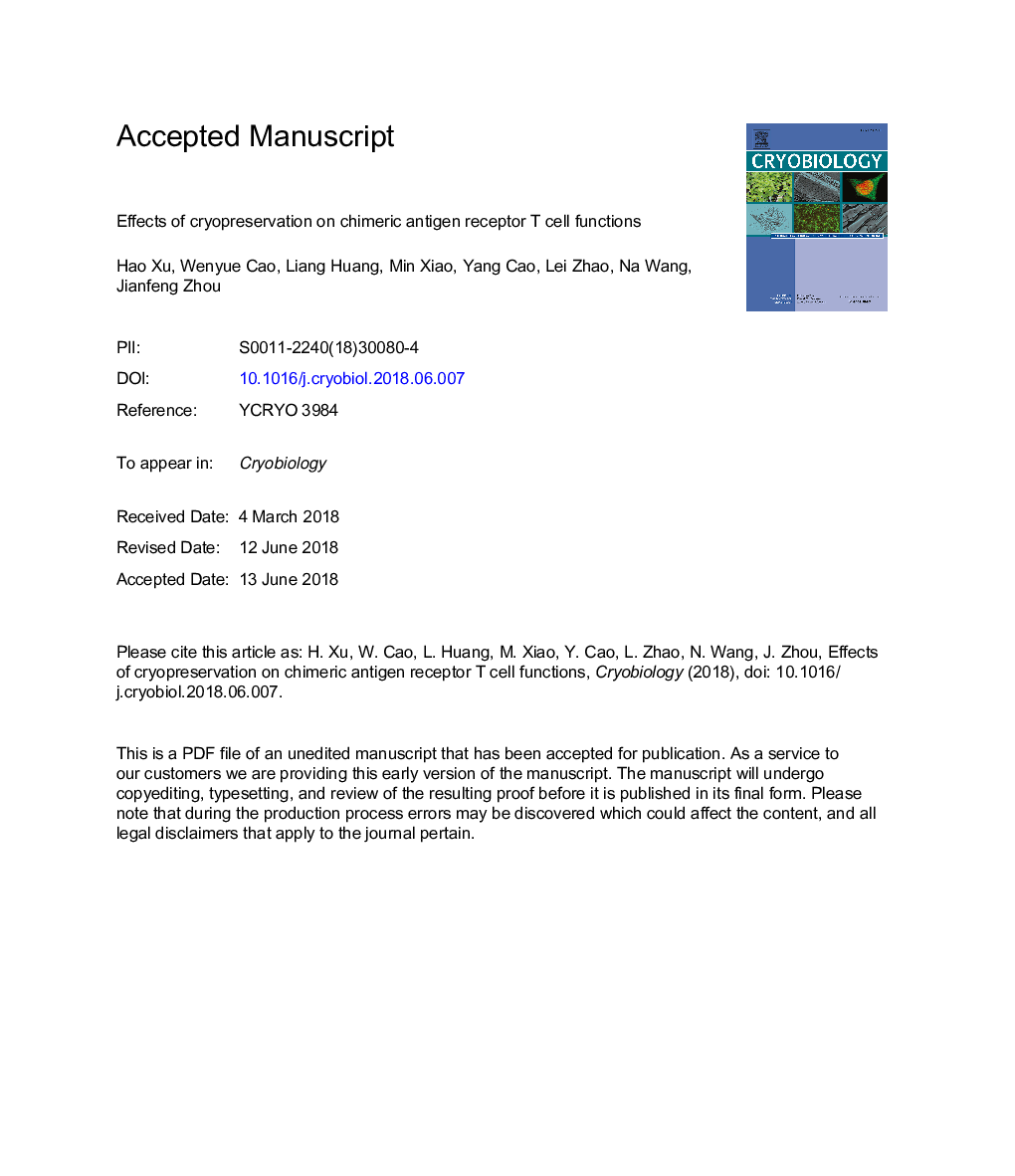 Effects of cryopreservation on chimeric antigen receptor T cell functions