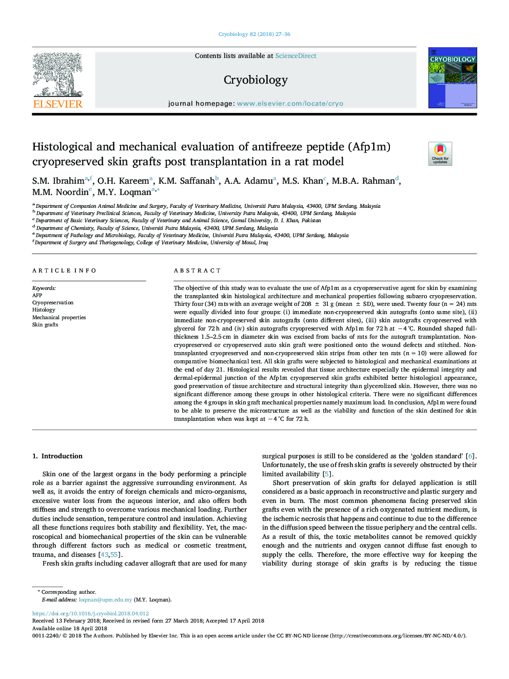 Histological and mechanical evaluation of antifreeze peptide (Afp1m) cryopreserved skin grafts post transplantation in a rat model