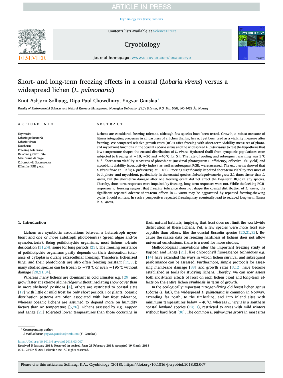 Short- and long-term freezing effects in a coastal (Lobaria virens) versus a widespread lichen (L. pulmonaria)