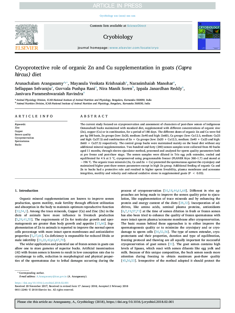 Cryoprotective role of organic Zn and Cu supplementation in goats (Capra hircus) diet