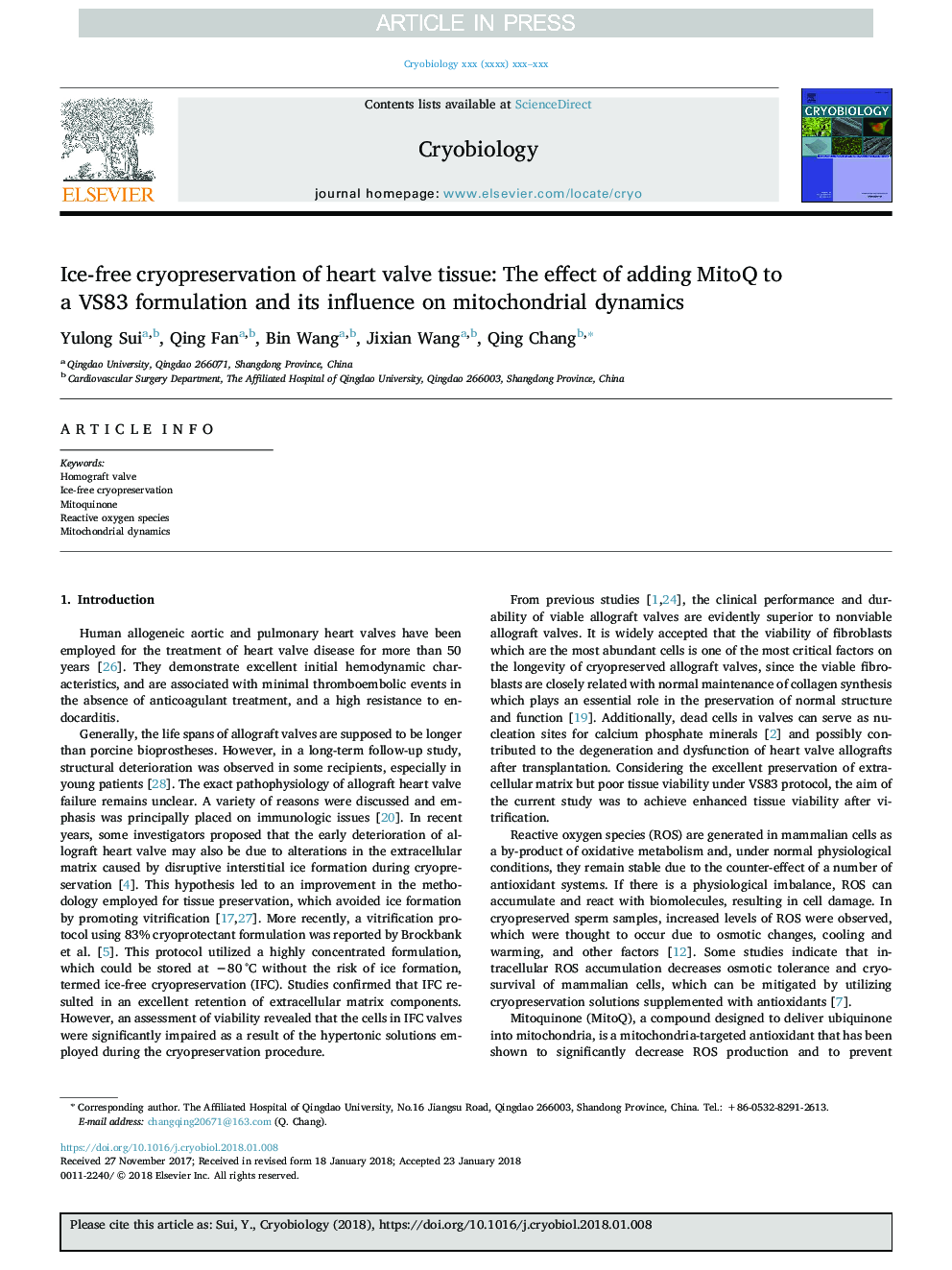 Ice-free cryopreservation of heart valve tissue: The effect of adding MitoQ to a VS83 formulation and its influence on mitochondrial dynamics