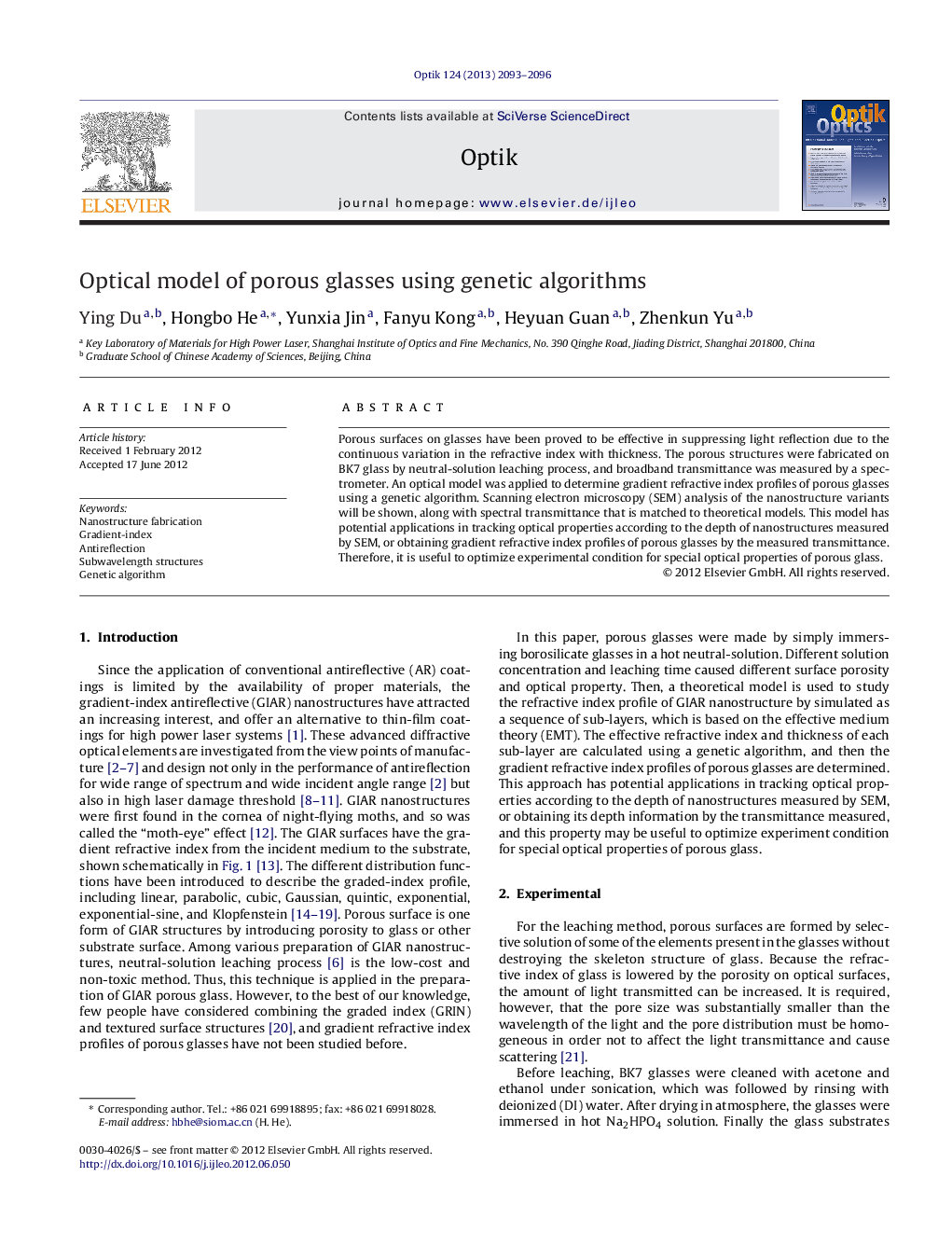 Optical model of porous glasses using genetic algorithms