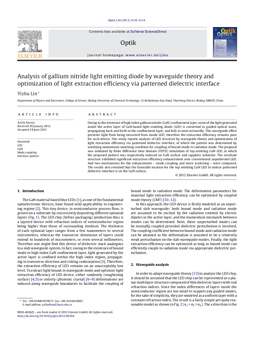 Analysis of gallium nitride light emitting diode by waveguide theory and optimization of light extraction efficiency via patterned dielectric interface