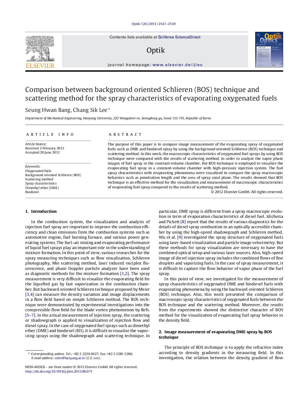 Comparison between background oriented Schlieren (BOS) technique and scattering method for the spray characteristics of evaporating oxygenated fuels