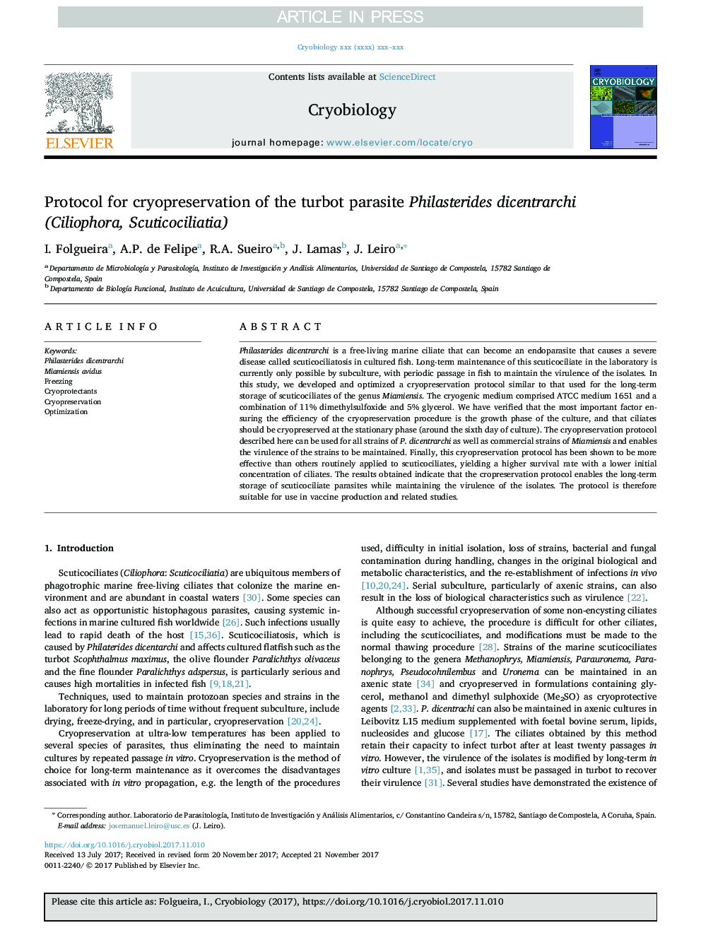 Protocol for cryopreservation of the turbot parasite Philasterides dicentrarchi (Ciliophora, Scuticociliatia)