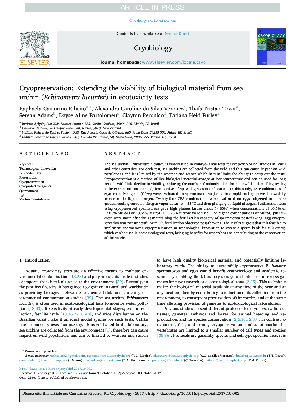 عکس صفحه اول مقاله: Cryopreservation: Extending the viability of biological material from sea urchin (Echinometra lucunter) in ecotoxicity tests Cryopreservation: Extending the viability of biological material from sea urchin (Echinometra lucunter) in ecotoxicity tests