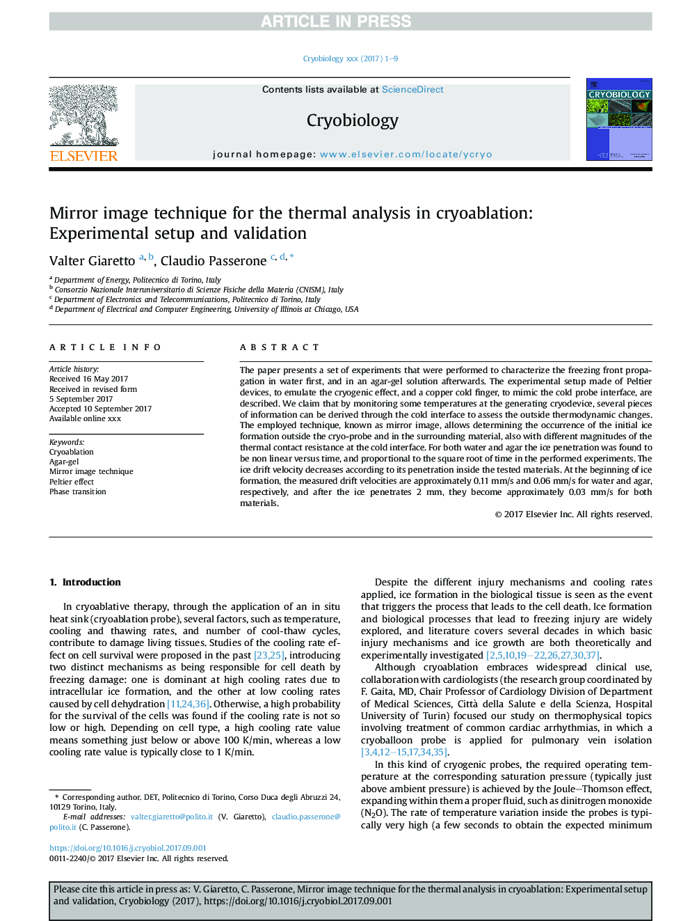 Mirror image technique for the thermal analysis in cryoablation: Experimental setup and validation