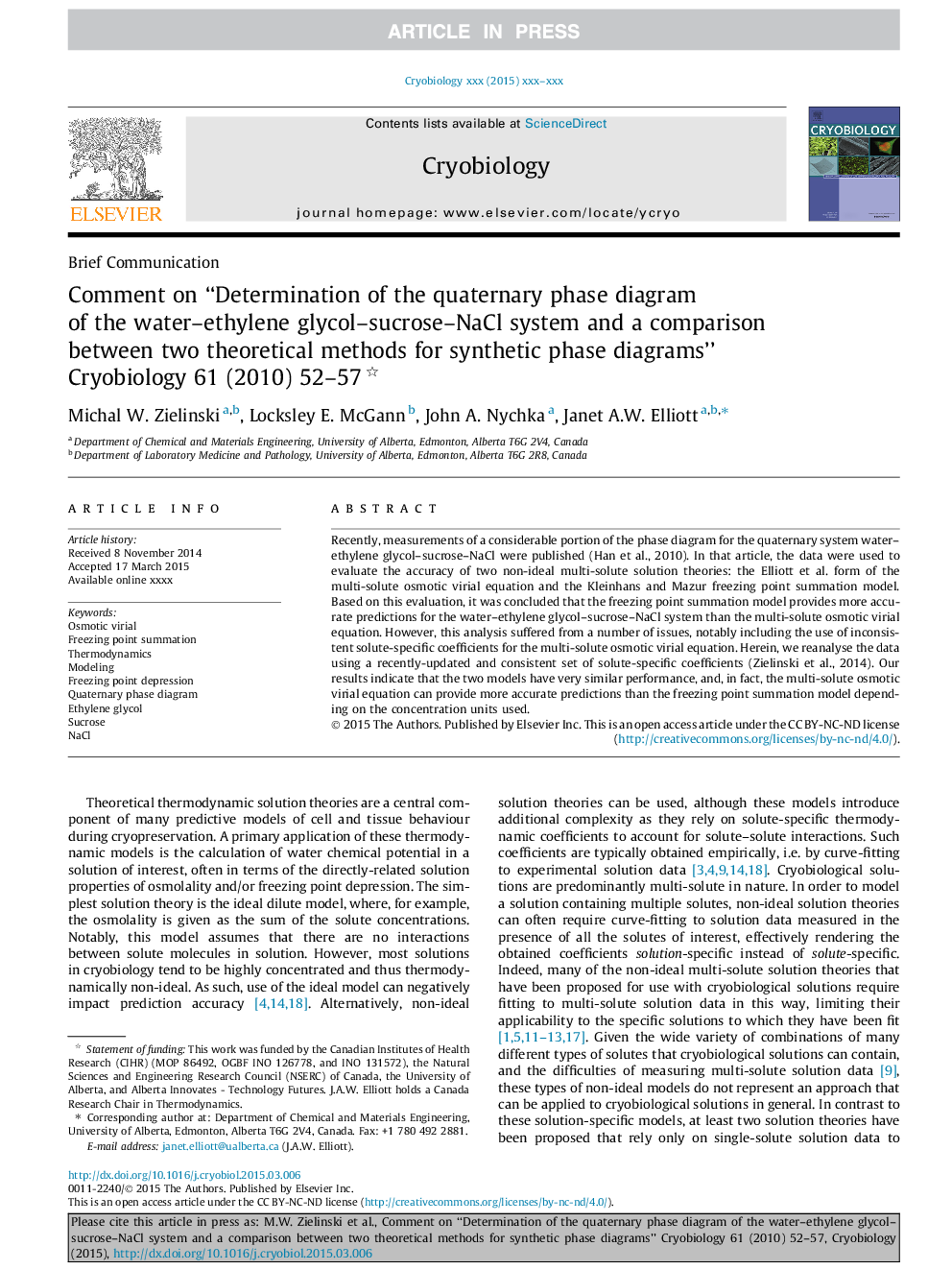 Comment on “Determination of the quaternary phase diagram of the water-ethylene glycol-sucrose-NaCl system and a comparison between two theoretical methods for synthetic phase diagrams” Cryobiology 61 (2010) 52-57