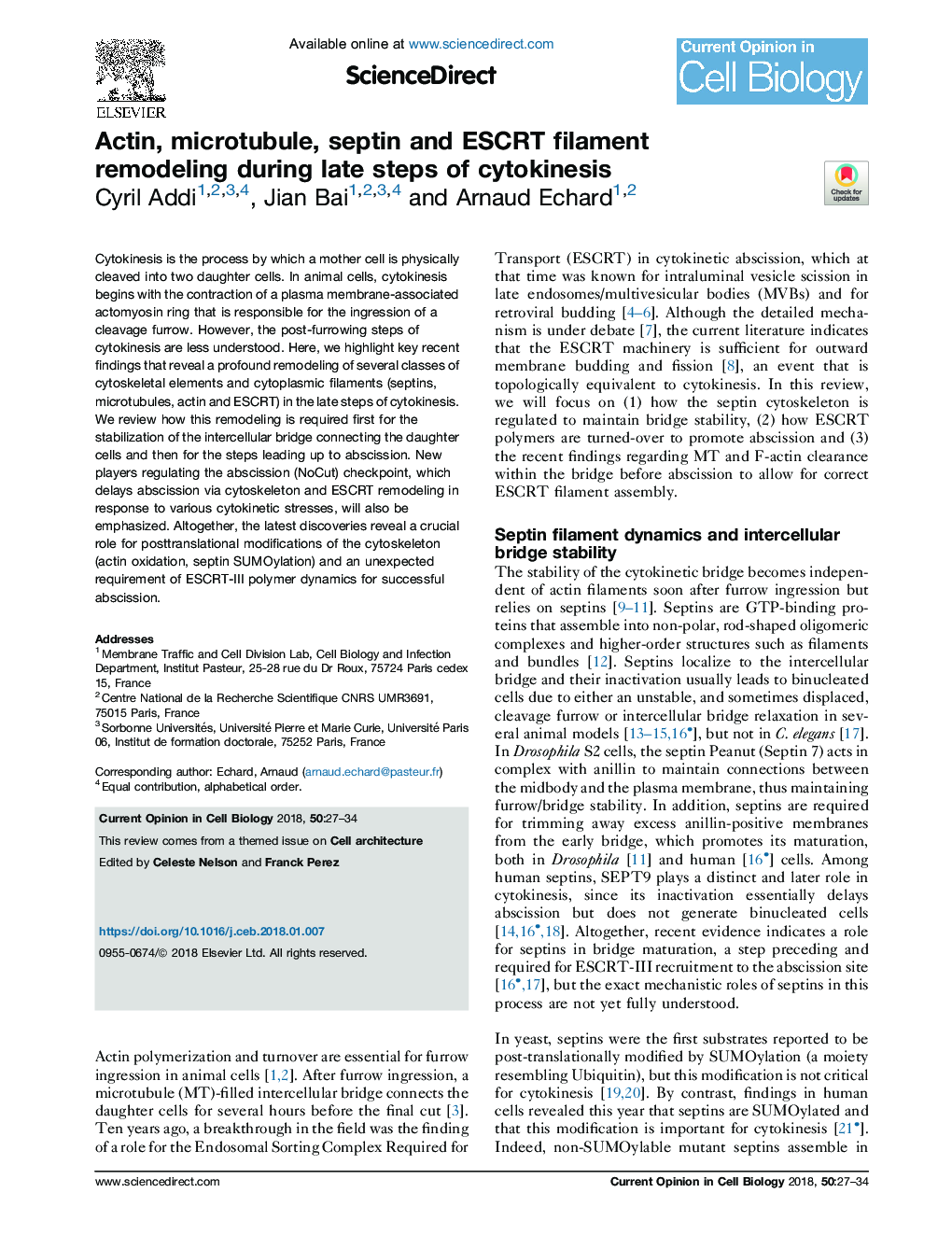 عکس صفحه اول مقاله: Actin, microtubule, septin and ESCRT filament remodeling during late steps of cytokinesis Actin, microtubule, septin and ESCRT filament remodeling during late steps of cytokinesis