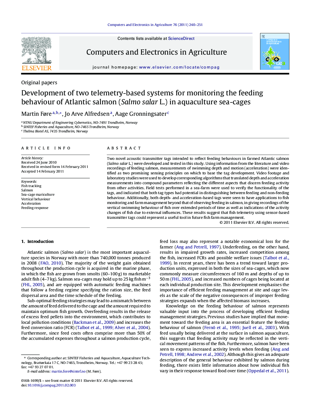 Development of two telemetry-based systems for monitoring the feeding behaviour of Atlantic salmon (Salmo salar L.) in aquaculture sea-cages