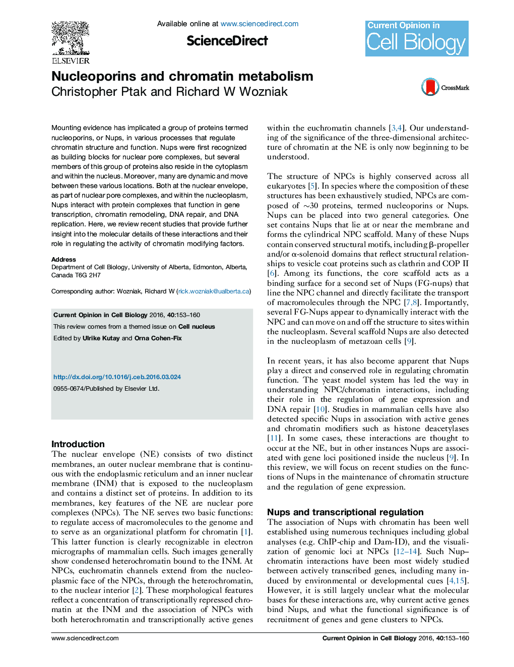 Nucleoporins and chromatin metabolism