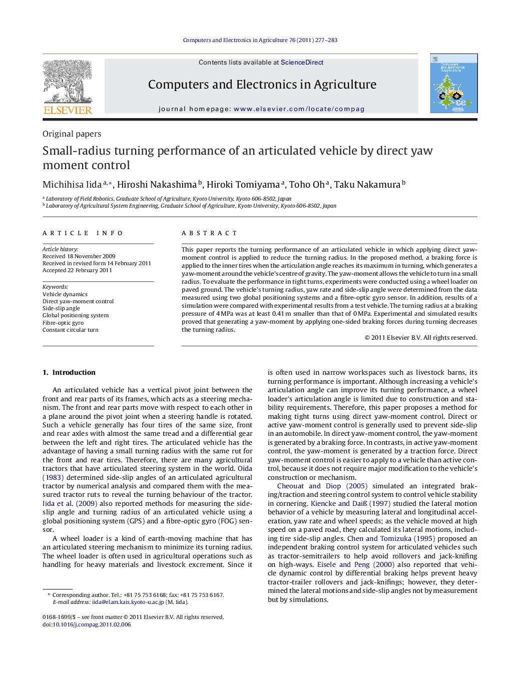 Small-radius turning performance of an articulated vehicle by direct yaw moment control