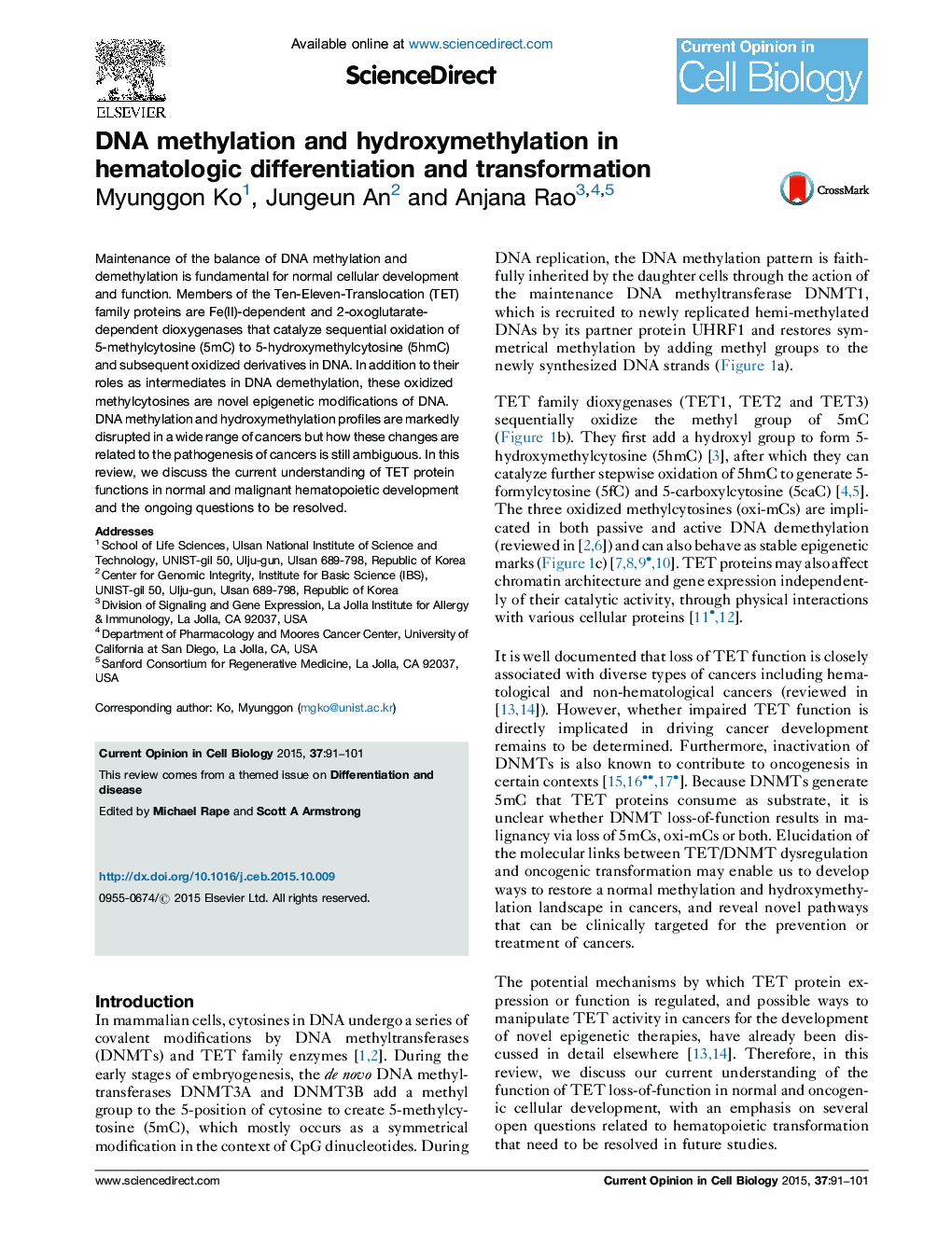 DNA methylation and hydroxymethylation in hematologic differentiation and transformation