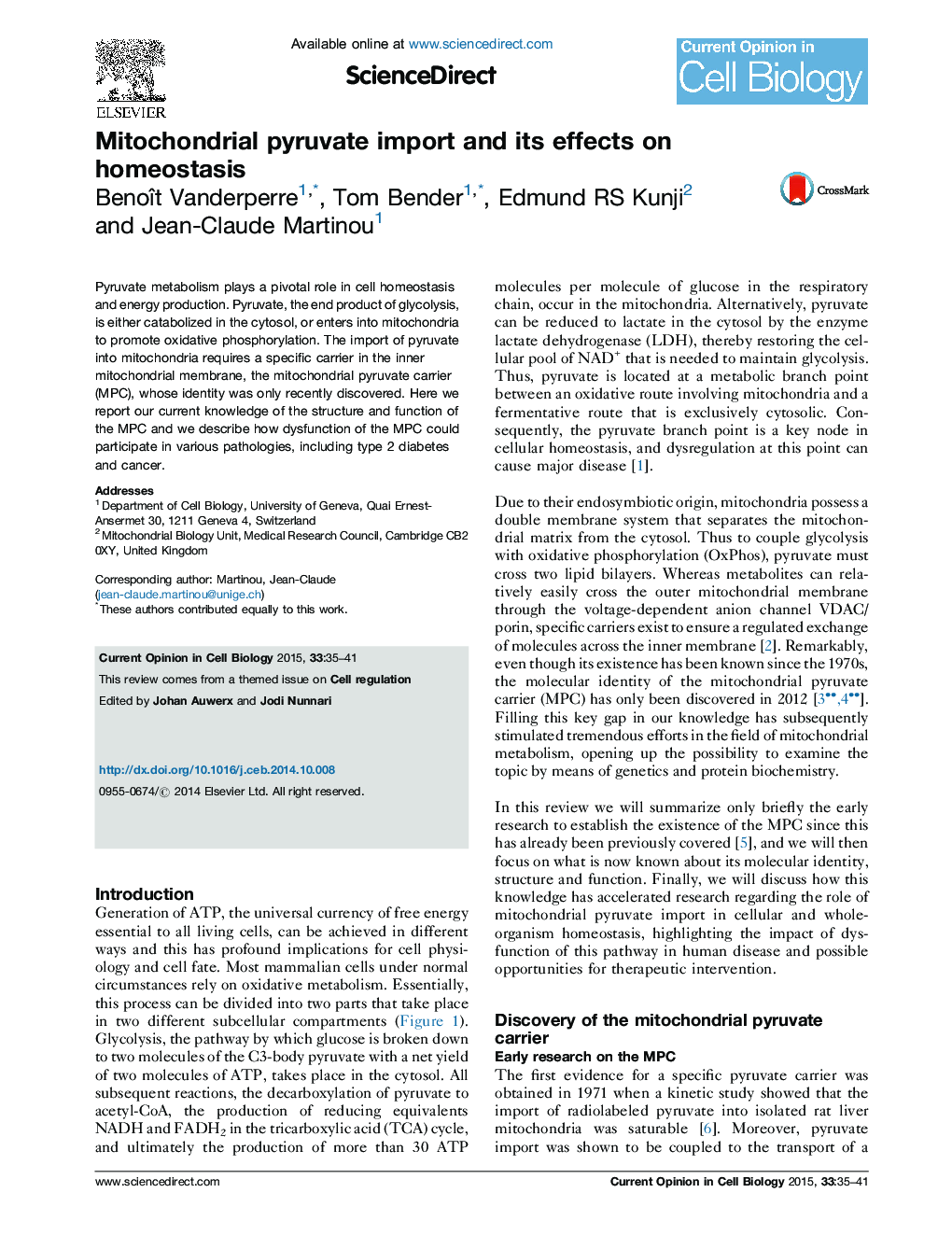 Mitochondrial pyruvate import and its effects on homeostasis