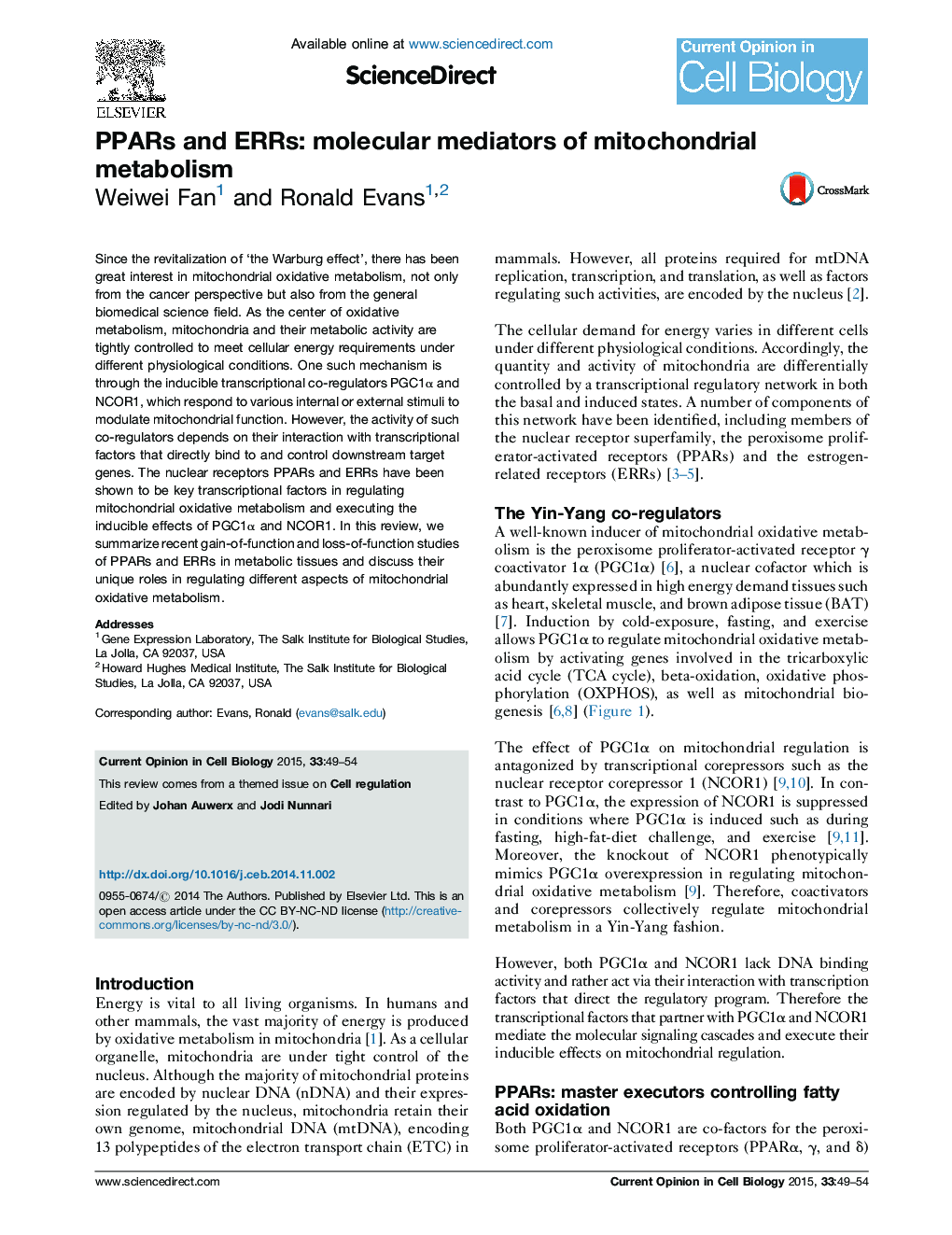 PPARs and ERRs: molecular mediators of mitochondrial metabolism