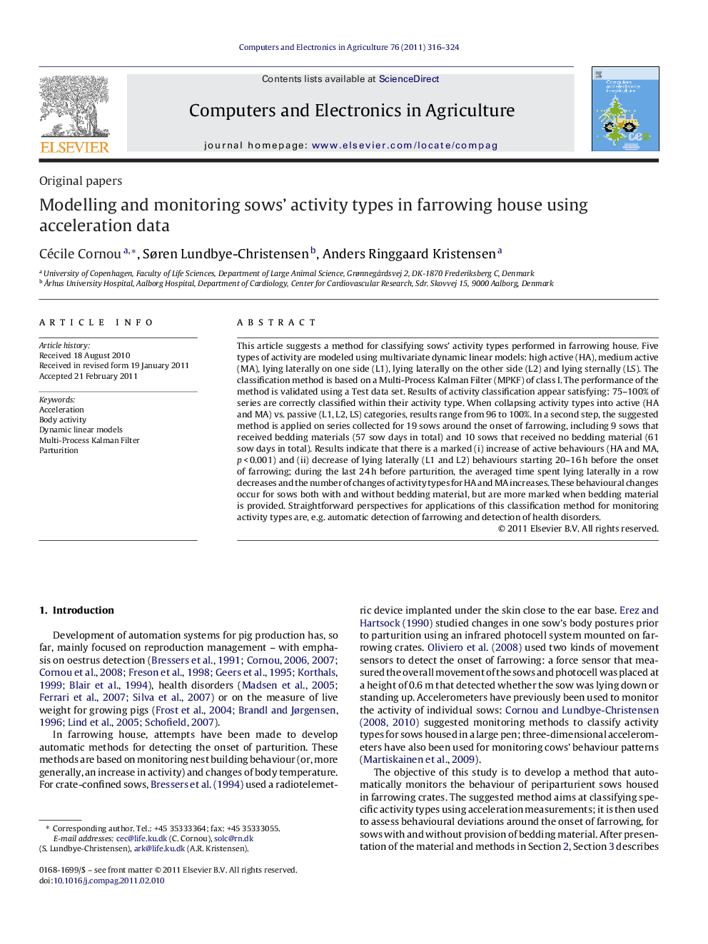 Modelling and monitoring sows’ activity types in farrowing house using acceleration data