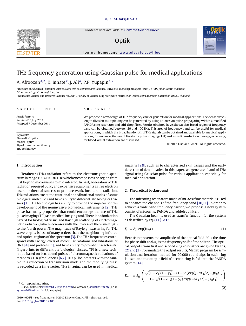 THz frequency generation using Gaussian pulse for medical applications