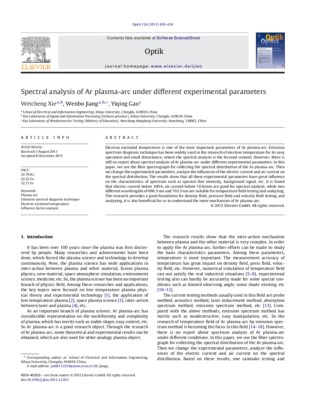 Spectral analysis of Ar plasma-arc under different experimental parameters