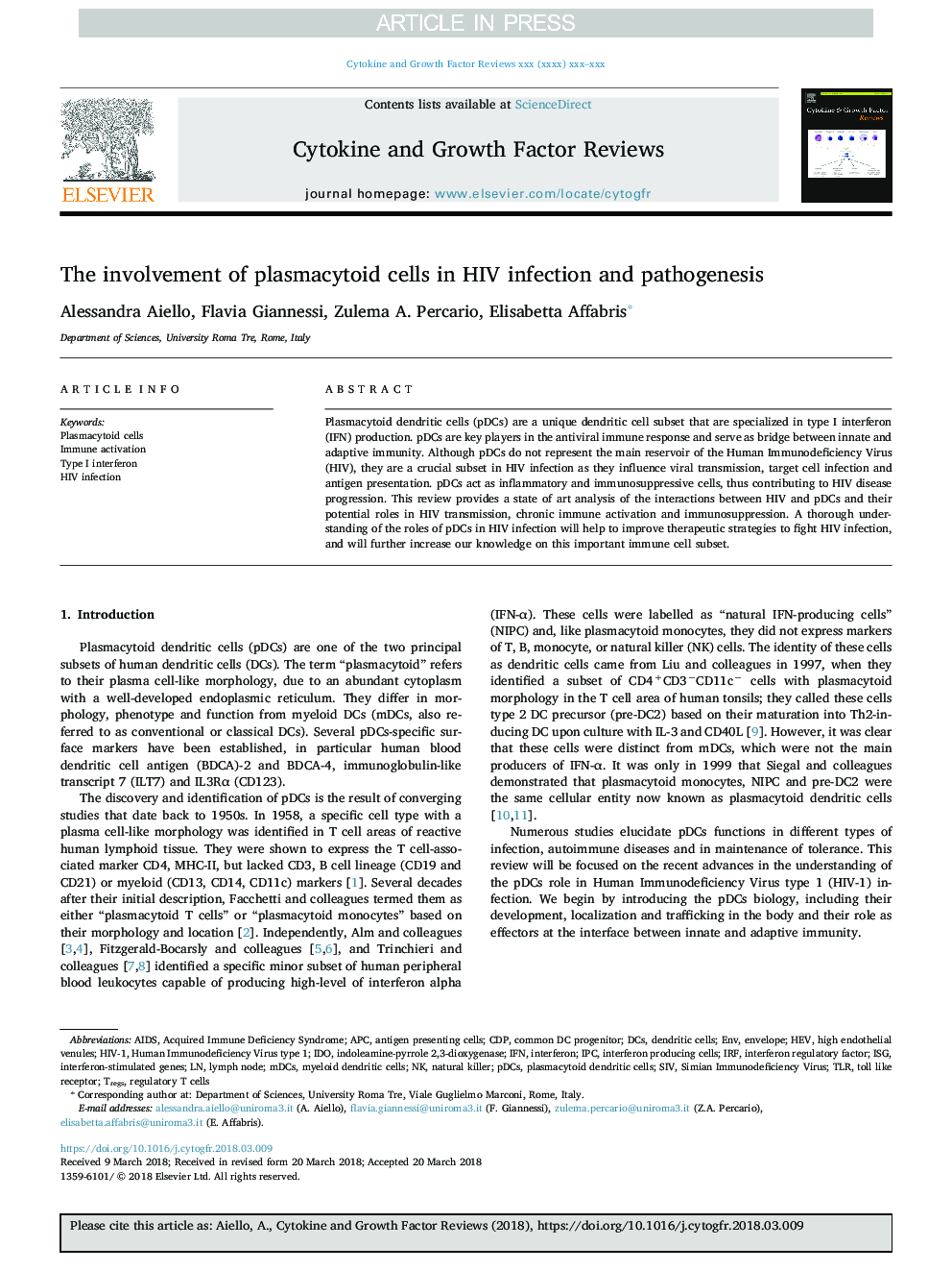 The involvement of plasmacytoid cells in HIV infection and pathogenesis