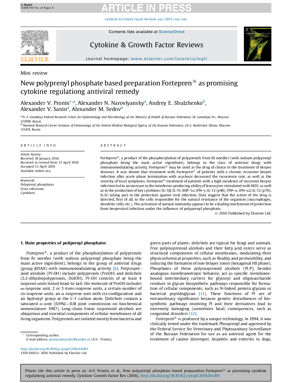 New polyprenyl phosphate based preparation Fortepren® as promising cytokine regulationg antiviral remedy