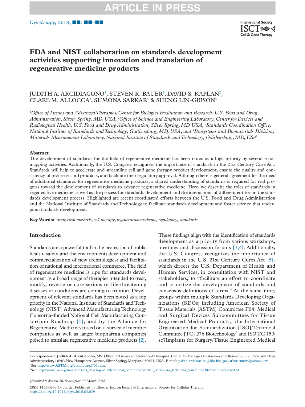 FDA and NIST collaboration on standards development activities supporting innovation and translation of regenerative medicine products