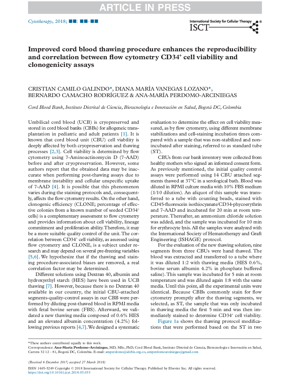 Improved cord blood thawing procedure enhances the reproducibility and correlation between flow cytometry CD34+ cell viability and clonogenicity assays