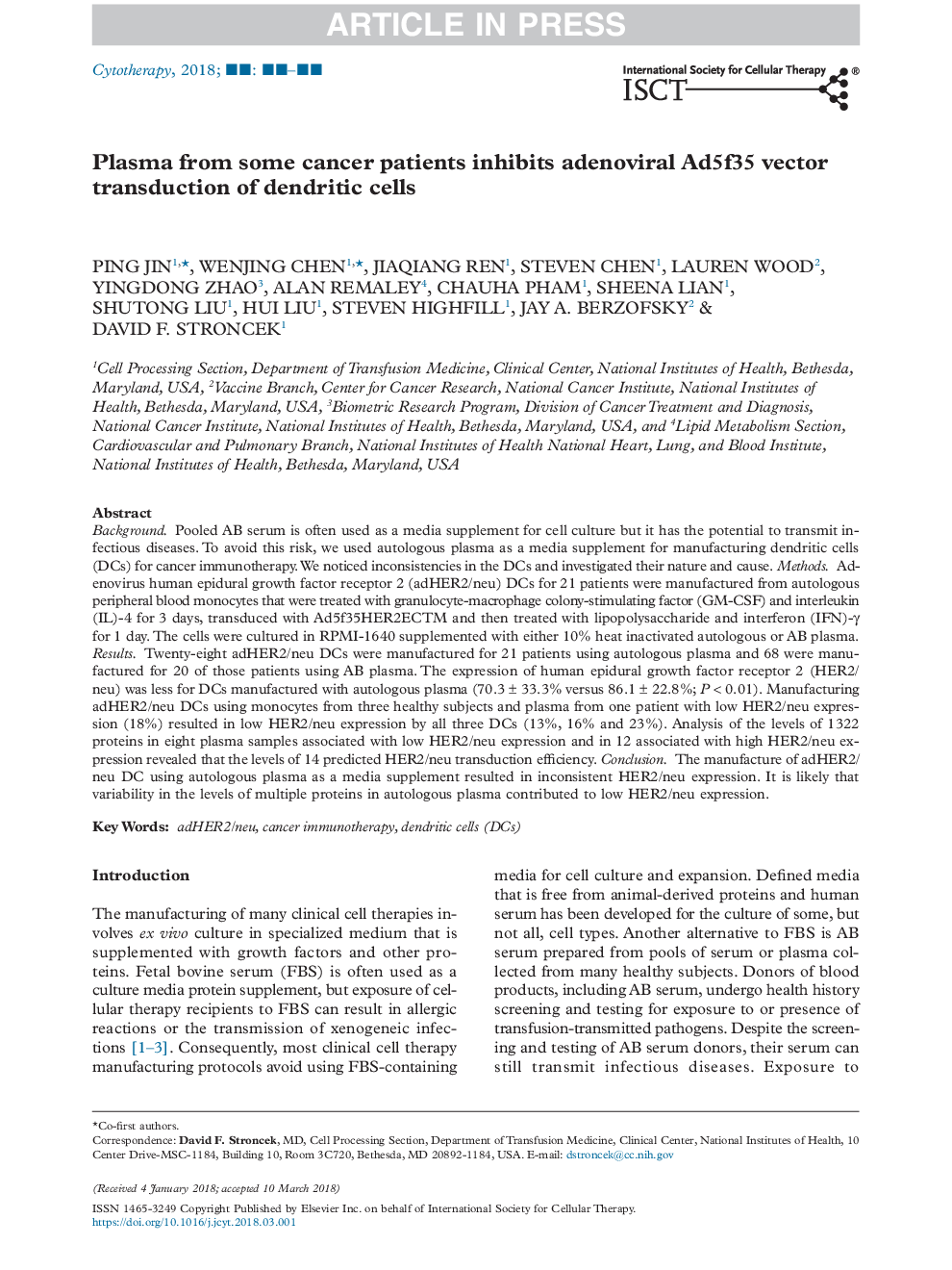 Plasma from some cancer patients inhibits adenoviral Ad5f35 vector transduction of dendritic cells