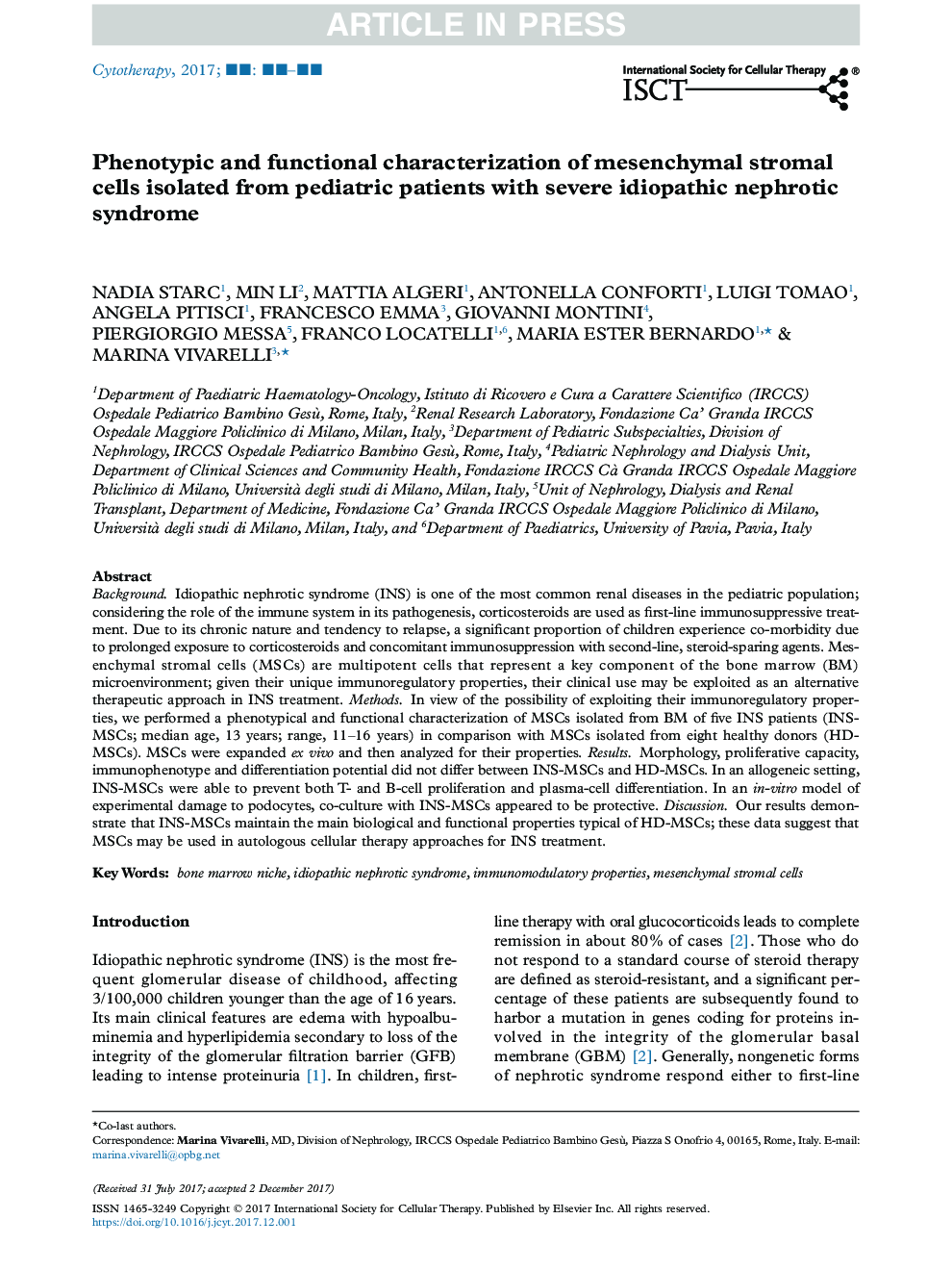 Phenotypic and functional characterization of mesenchymal stromal cells isolated from pediatric patients with severe idiopathic nephrotic syndrome