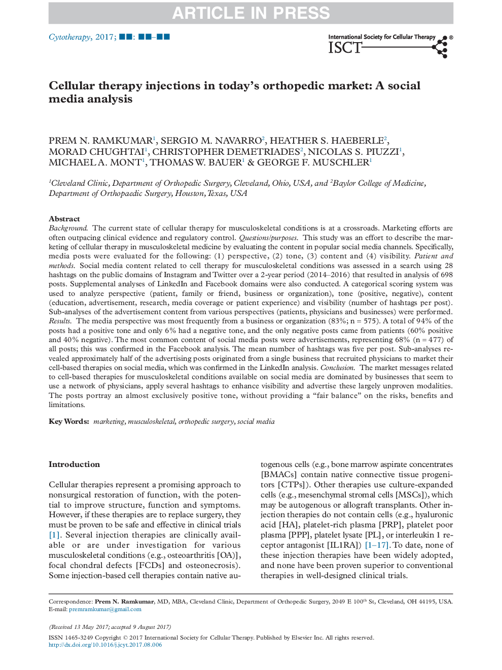 Cellular therapy injections in today's orthopedic market: A social media analysis