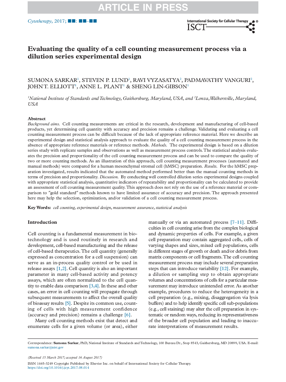 Evaluating the quality of a cell counting measurement process via a dilution series experimental design