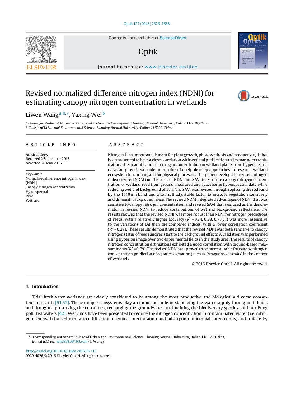 عکس صفحه اول مقاله: Revised normalized difference nitrogen index (NDNI) for estimating canopy nitrogen concentration in wetlands Revised normalized difference nitrogen index (NDNI) for estimating canopy nitrogen concentration in wetlands