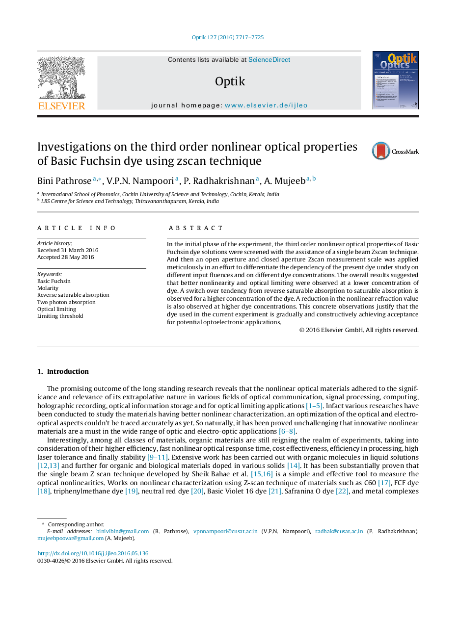 عکس صفحه اول مقاله: Investigations on the third order nonlinear optical properties of Basic Fuchsin dye using zscan technique Investigations on the third order nonlinear optical properties of Basic Fuchsin dye using zscan technique