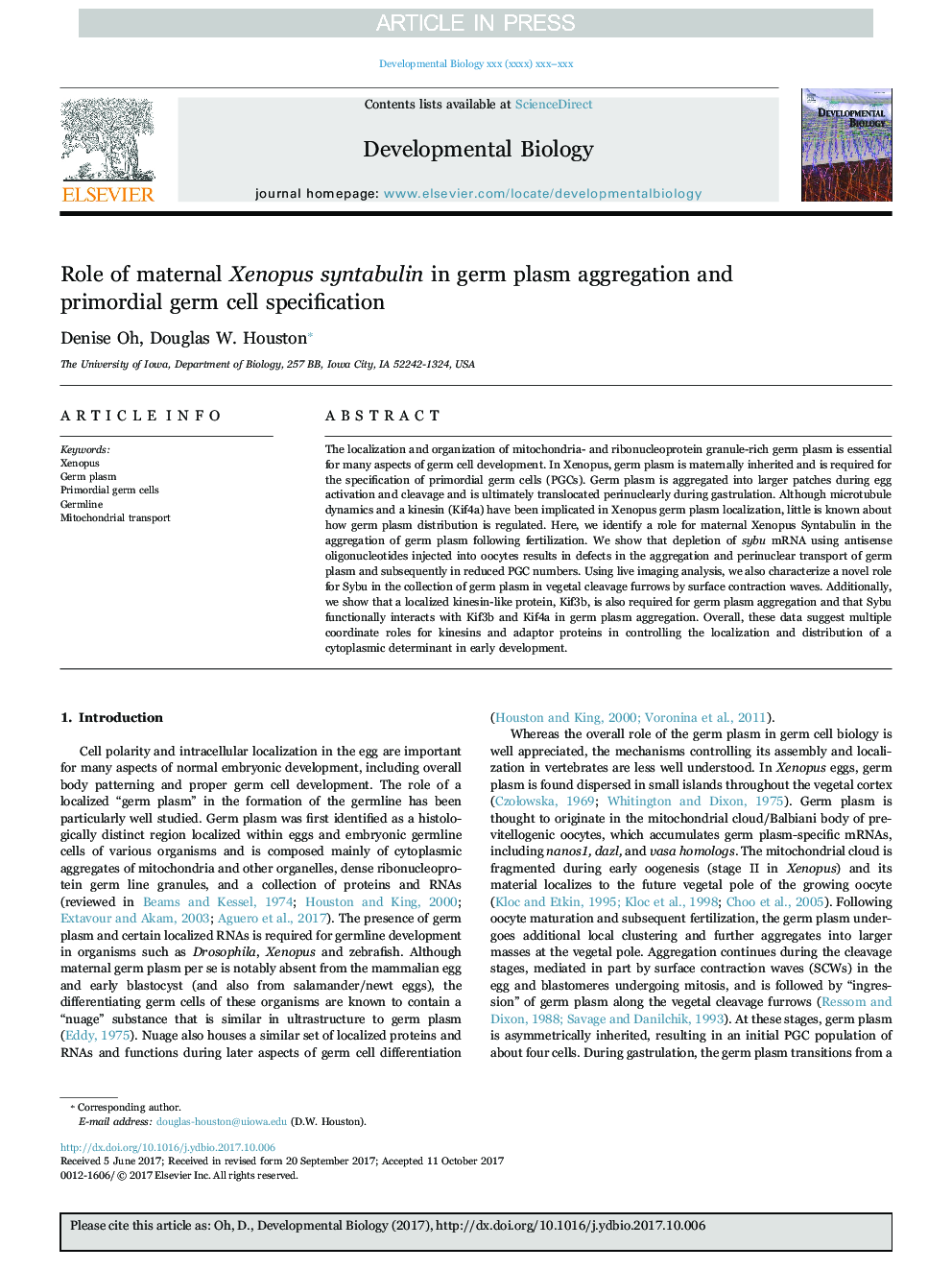 Role of maternal Xenopus syntabulin in germ plasm aggregation and primordial germ cell specification