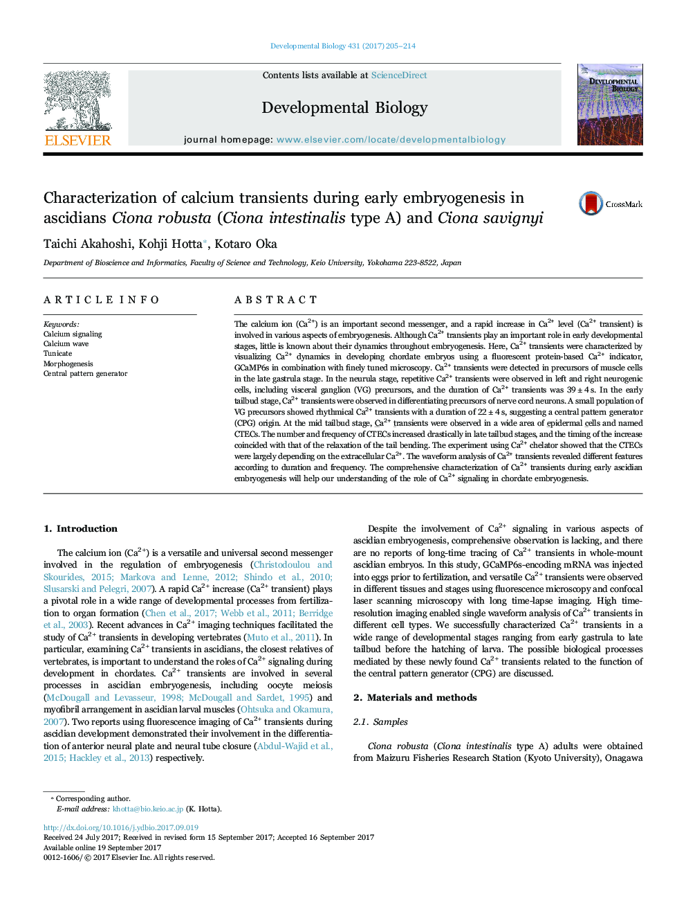 Characterization of calcium transients during early embryogenesis in ascidians Ciona robusta (Ciona intestinalis type A) and Ciona savignyi