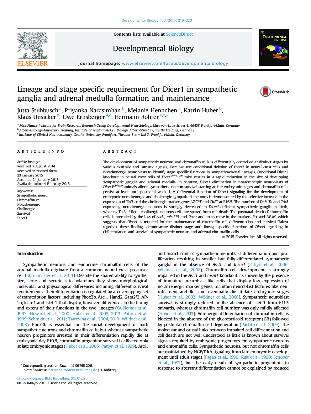 Lineage and stage specific requirement for Dicer1 in sympathetic ganglia and adrenal medulla formation and maintenance