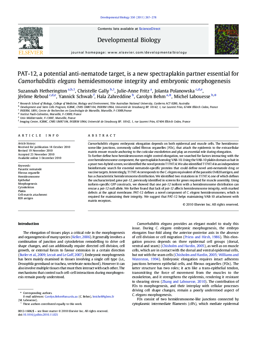 PAT-12, a potential anti-nematode target, is a new spectraplakin partner essential for Caenorhabditis elegans hemidesmosome integrity and embryonic morphogenesis