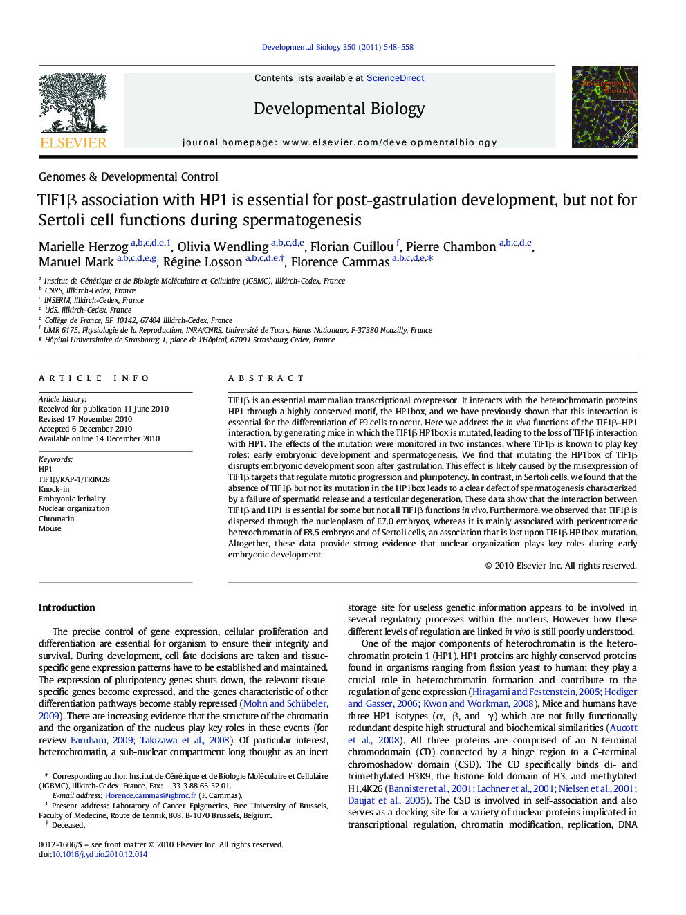 عکس صفحه اول مقاله: TIF1β association with HP1 is essential for post-gastrulation development, but not for Sertoli cell functions during spermatogenesis TIF1β association with HP1 is essential for post-gastrulation development, but not for Sertoli cell functions during spermatogenesis