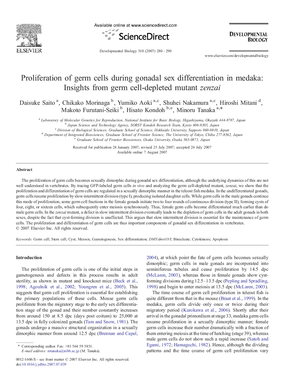 Proliferation of germ cells during gonadal sex differentiation in medaka: Insights from germ cell-depleted mutant zenzai