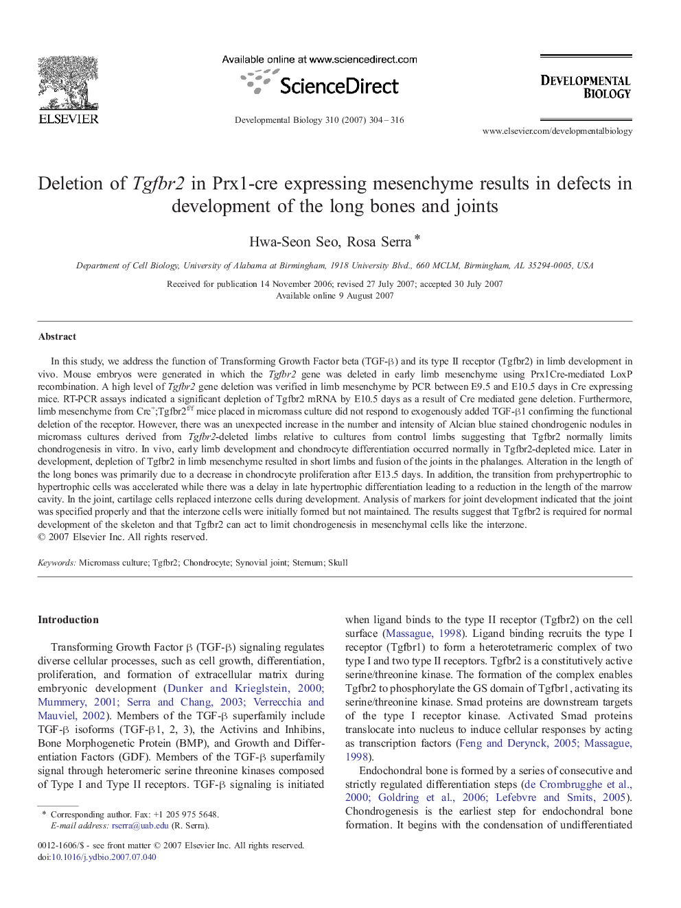 Deletion of Tgfbr2 in Prx1-cre expressing mesenchyme results in defects in development of the long bones and joints